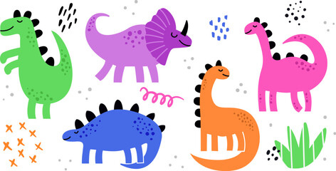 Dinosaurs vector elements and shapes. Cute dinosaurs for kids print. Isolated white background.
