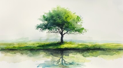 Minimalist Green Tree Watercolor Painting on Paper Generative AI