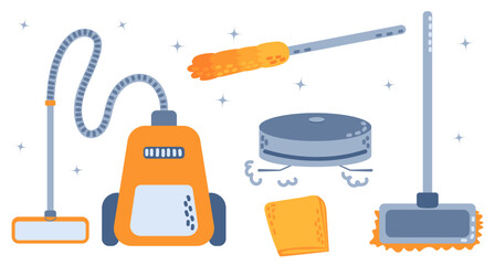 Spring Cleaning icons, flat style. House cleaning products and tools