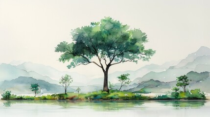 Minimalist Green Tree Watercolor Painting on Paper Generative AI