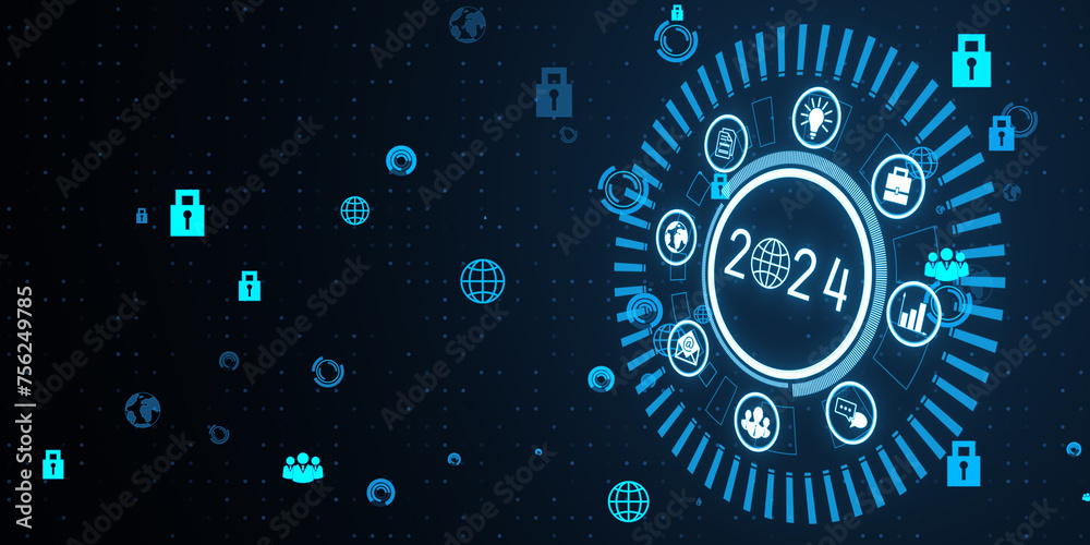 Poster creative round year 2024 hologram. success and business forecast concept. 3d rendering.