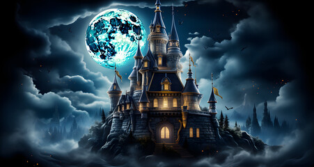 a castle and full moon on top of the night
