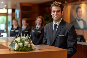 Man in Suit Standing in Front of Counter