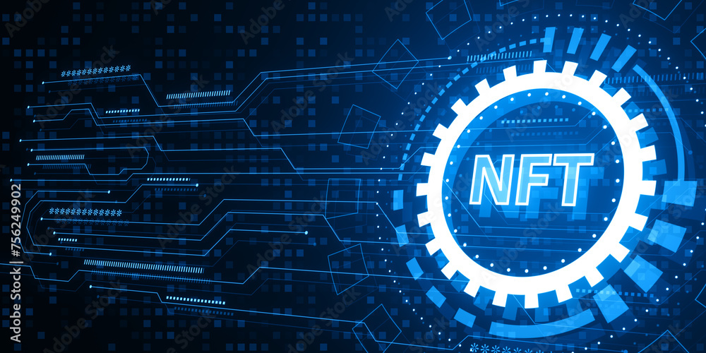 Poster creative round nft hologram on digital blue circuit wallpaper. non-fungible token and digital blockc