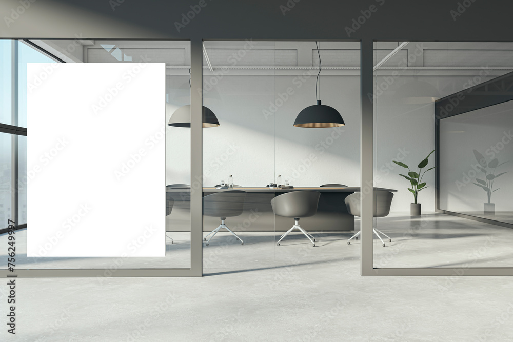 Poster modern concrete spacious glass meeting room interior with empty white mock up banner, panoramic wind