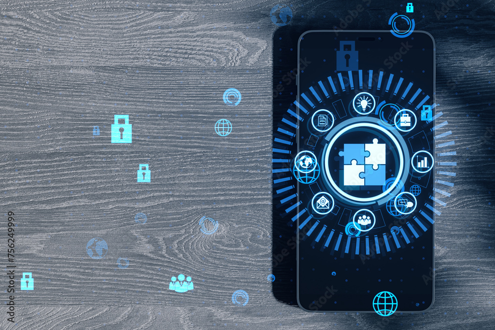 Poster close up of smartphone with creative round data management hologram with jigsaw puzzle on wooden des