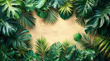 Fototapeta na wymiar Tropical Palm Leaves Frame Border Decoration on Cream Background Generative AI
