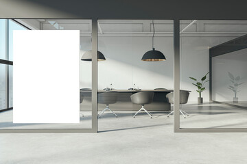 Modern concrete spacious glass meeting room interior with empty white mock up banner, panoramic...