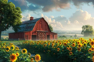 Rolgordijnen a red barn in a field of sunflowers © Mariana