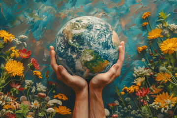 Planet earth surrounded by flowers, protect nature, sustainable lifestyle, ecology and environment, green deal, climate change
