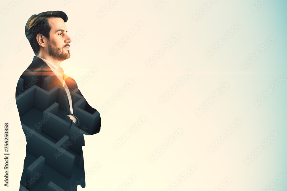 Aufkleber Portrait of thoughtful young businessman with abstract maze on white background with mock up place. Solution and way out concept.