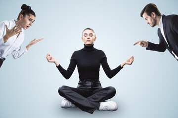 Young meditating woman dealing with bullying and stress at workplace on white background....