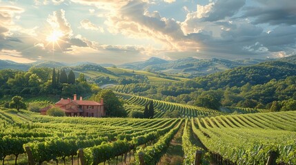 Fototapeta premium Illustrated Vineyard Against a White Background Generative AI