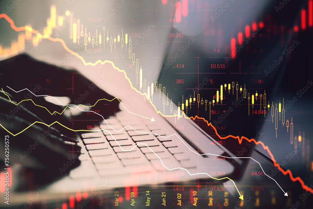 Poster close up of backlit hands using laptop with abstract downward red forex chart on blurry background. 