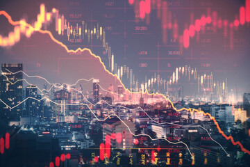 Abstract downward red forex chart on blurry city backdrop. Crisis, recession and economic fall...