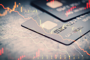 Close up of bank cards and abstract downward red forex chart on blurry backdrop. Crisis, recession...