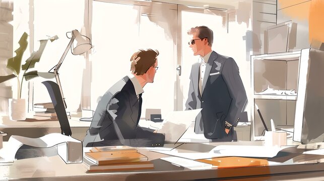Professional teamwork in a modern office setting, two colleagues collaborating. casual business attire, sunlit room. perfect for corporate use. AI