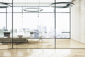 Modern glass and wooden meeting room office interior with panoramic city view. 3D Rendering.