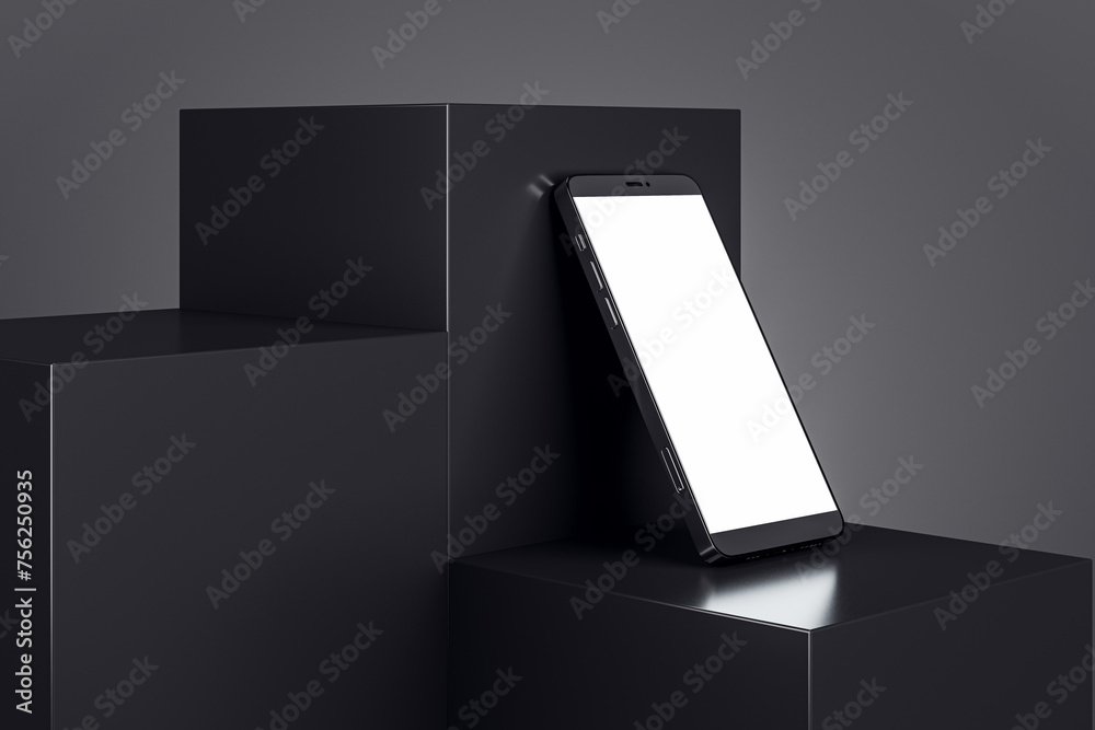 Poster empty white smartphone on geometric block pedestal on black background with mock up place. 3d render