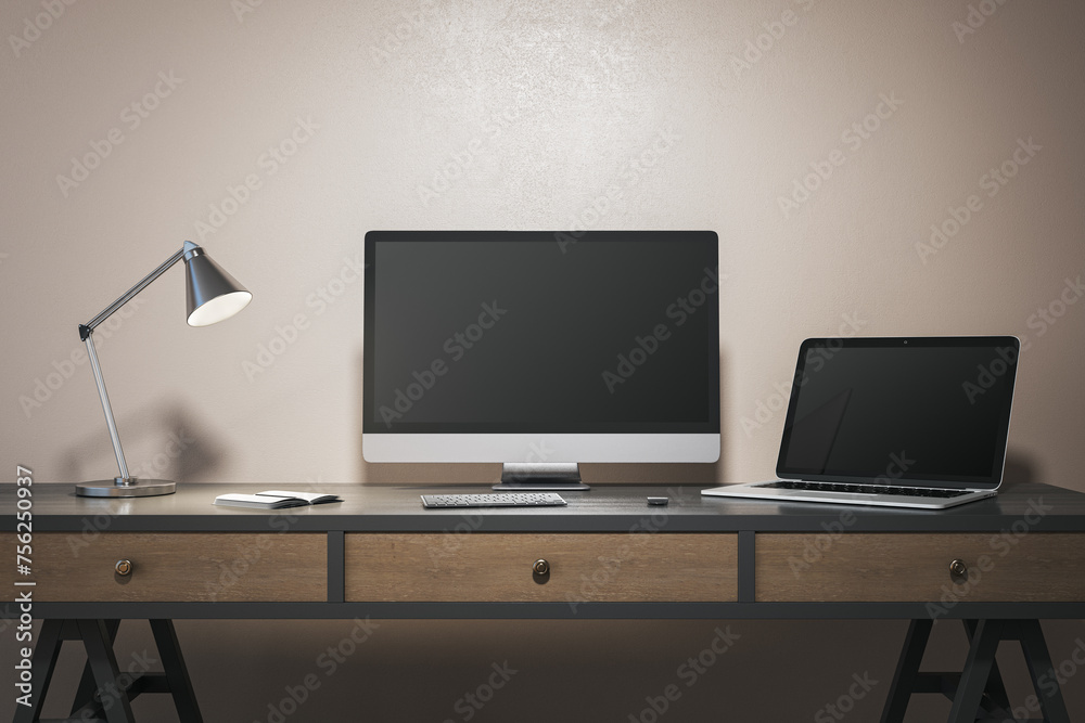 Poster modern designer office interior with blank computer and laptop monitors. mock up, 3d rendering.