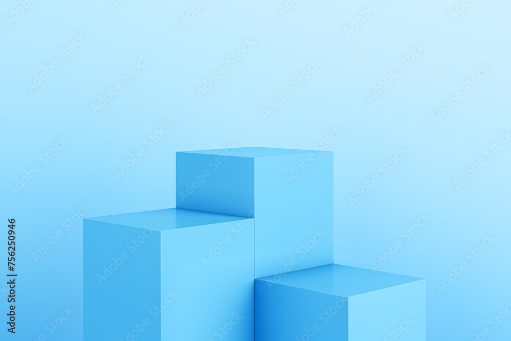 Poster Blue geometric block pedestal on light background with mock up place. 3D Rendering.