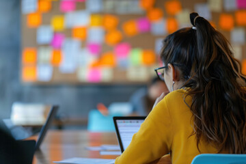 Fototapeta premium Woman singing in an office open space participating in a brainstorming session. A slide background for showcasing the brainstorming process. Created with Generative AI technology.