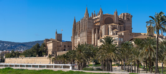 Majestic La Seu, Palma de Mallorca Cathedral, Against Clear Blue Sky - 756250927