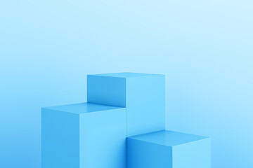 Blue geometric block pedestal on light background with mock up place. 3D Rendering.
