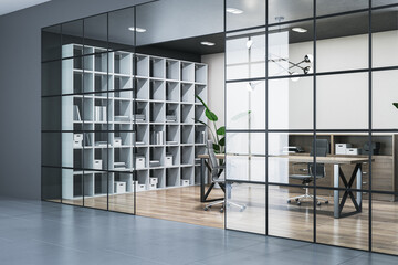 Modern conference room interior with glass partition, wooden flooring and bookcase. 3D Rendering.