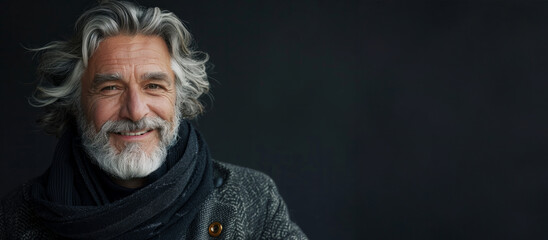 A man with a beard and gray hair is smiling and wearing a scarf. in front of a black background. Elderly fashion model with grey full hair, mature and happy smiling man in dark close-up portrait