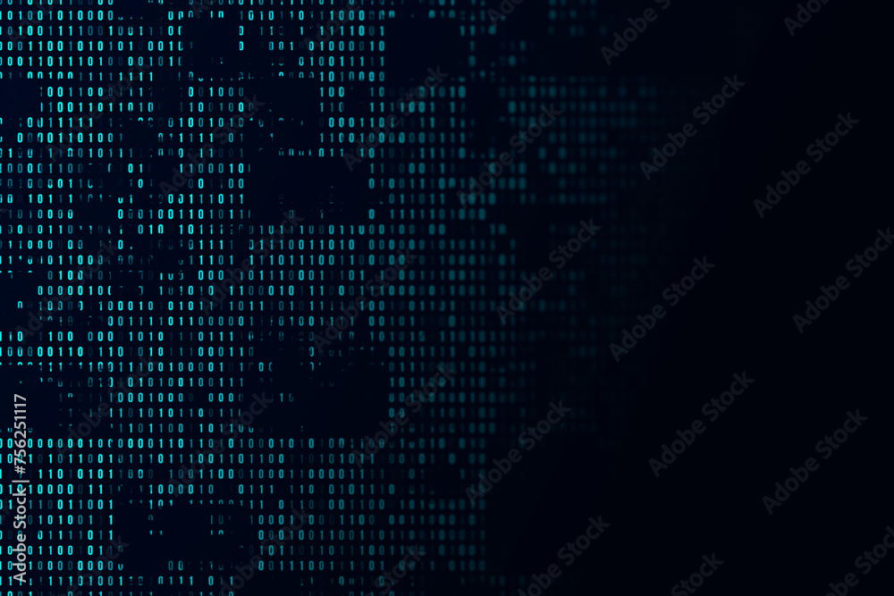Aufkleber Abstract digital binary code data on a dark blue background with technological light effects. 3D Rendering