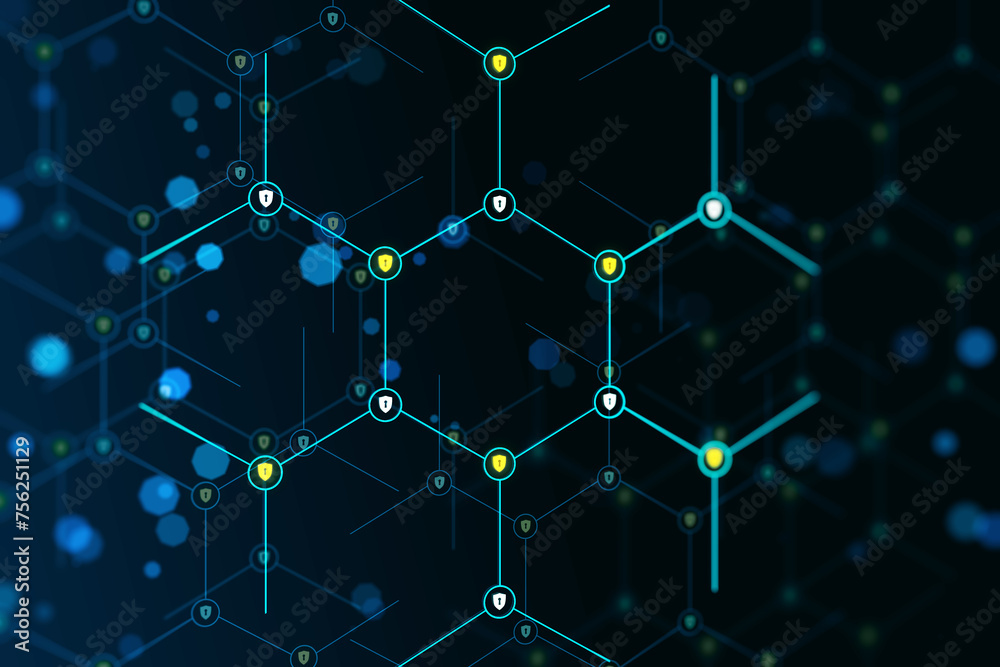 Aufkleber An abstract digital network design with a dark blue background displaying interconnected nodes and lights, giving a tech and futuristic feel. 3D Rendering