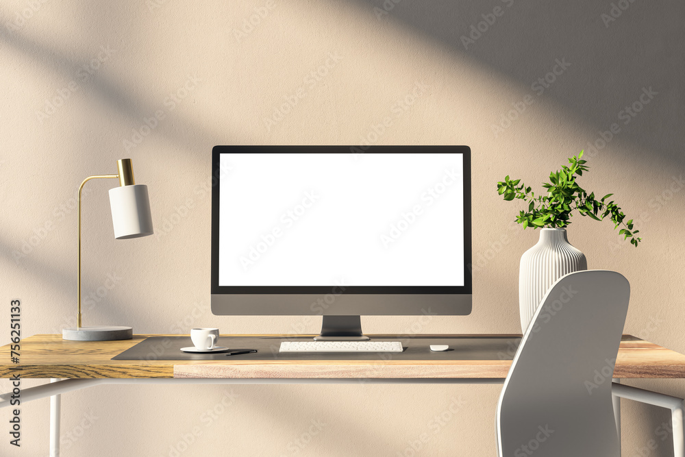 Poster Sleek desktop monitor mockup on a wooden table with decorative elements. Home office concept. 3D Rendering