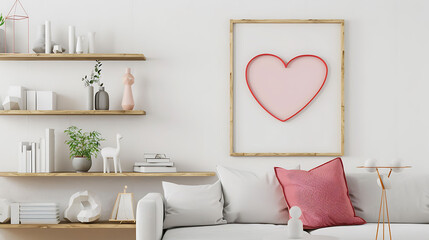 Heart shape mockup photo frame plastic border, on bookcase in modern living room, 3d render