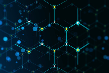 An abstract digital network design with a dark blue background displaying interconnected nodes and lights, giving a tech and futuristic feel. 3D Rendering