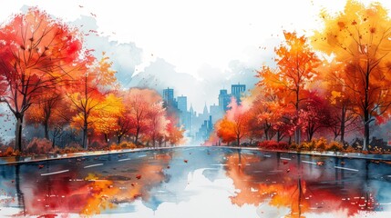 Autumn City Street Scene Watercolor Painting Generative AI