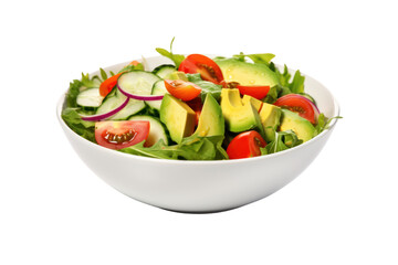 Avocado Salad, a colorful salad made with vegetables such as tomatoes, cucumbers, and lettuce, topped with a honey-lime vinaigrette. Focus on freshness Isolated on transparent background.