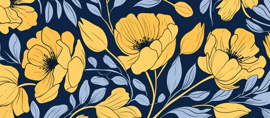 Repeat floral pattern in yellow with bold navy outlines. A stylish design for interior decor in three colors, perfect for summer with vibrant golden shades.
