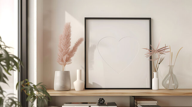 Heart shape mockup photo frame glass border, on bookcase in modern living room, 3d render