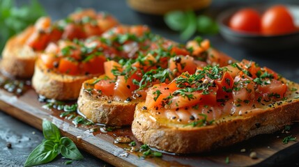 Bruschetta sandwich on an oven-dried baguette spread