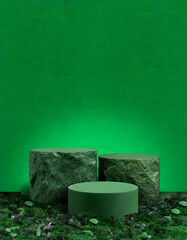 Rock podium mockup for products, green background. Podium mockup for natural products