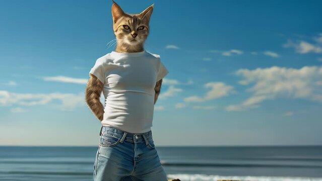 A human with a cat's head standing on a rock, dressed in jeans and a white T-shirt against a backdrop of blue sky and sea, hands on hips, gazing into the distance.
