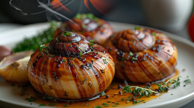 Burgundy-style snails on a white plate