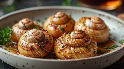 Burgundy-style snails on a white plate - Powered by Adobe
