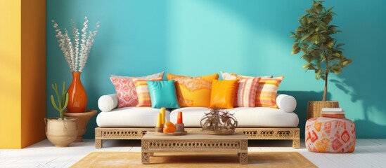 Boho living room design with bright wall mockup