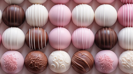 Different chocolate sweets rows in a box. Delicious milk choco .