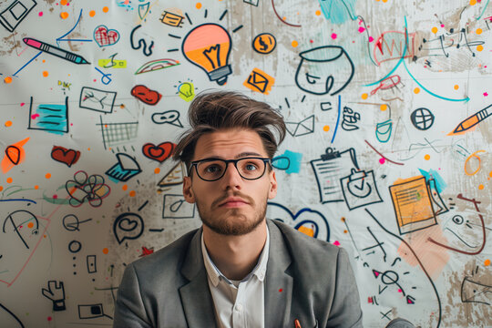 Portrait of a man in glasses. Behind him is a whiteboard wall covered with sketches. A slide background for showcasing the brainstorming process. Created with Generative AI technology.