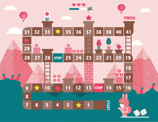 World tour board game template,Funny frame, ladders game, Game for Happy Easter day,rabbit.Vector illustrations.