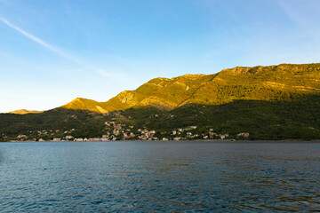Beautiful view of the mountains in the Bay of Kotor on a sunny morning, Montenegro. Adriatic Sea.