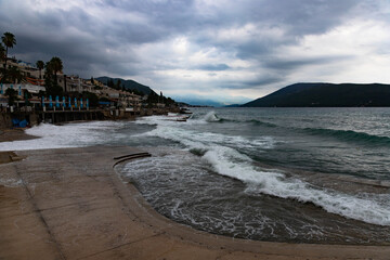Beautiful view of the mountains in the Bay of Kotor on a sunny morning, Montenegro. Adriatic Sea.